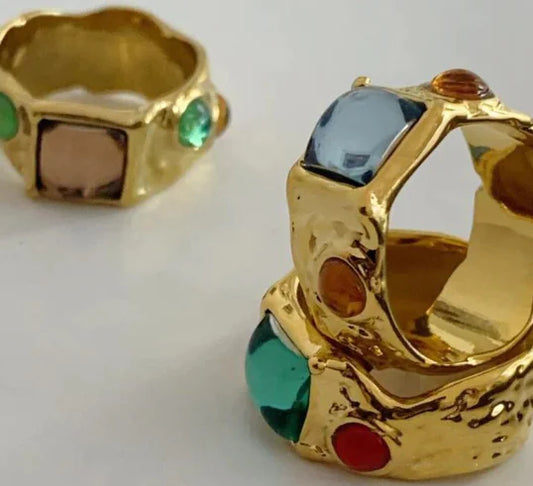 Vintage Golden Colorful Glass Chunky Rings for Ladies