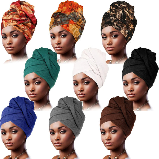Geyoga 9 Pieces Head Wraps for Black Women Turban Head Wrap Scarf Soft Long Head Scarves Turban Head Wrap for African Women(Elegant PatternClassic Colors)