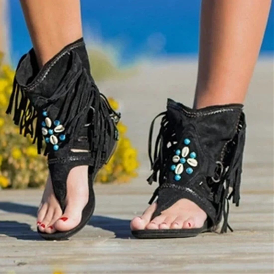 Flache Sandalen im Bohemian-Stil mit Fransen an der Spitze für Damen