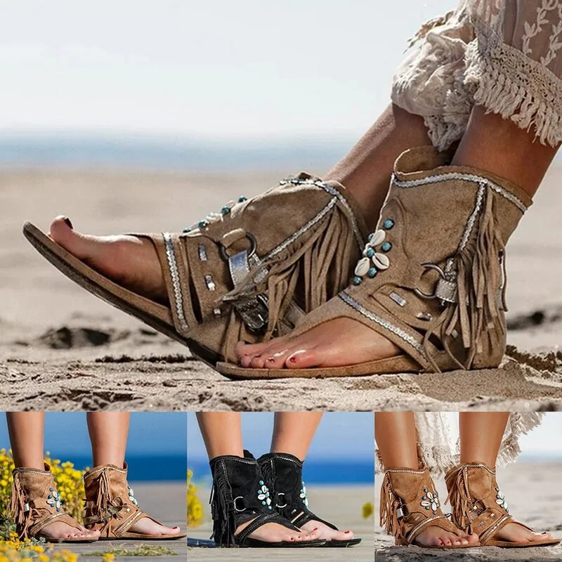 Flache Sandalen im Bohemian-Stil mit Fransen an der Spitze für Damen