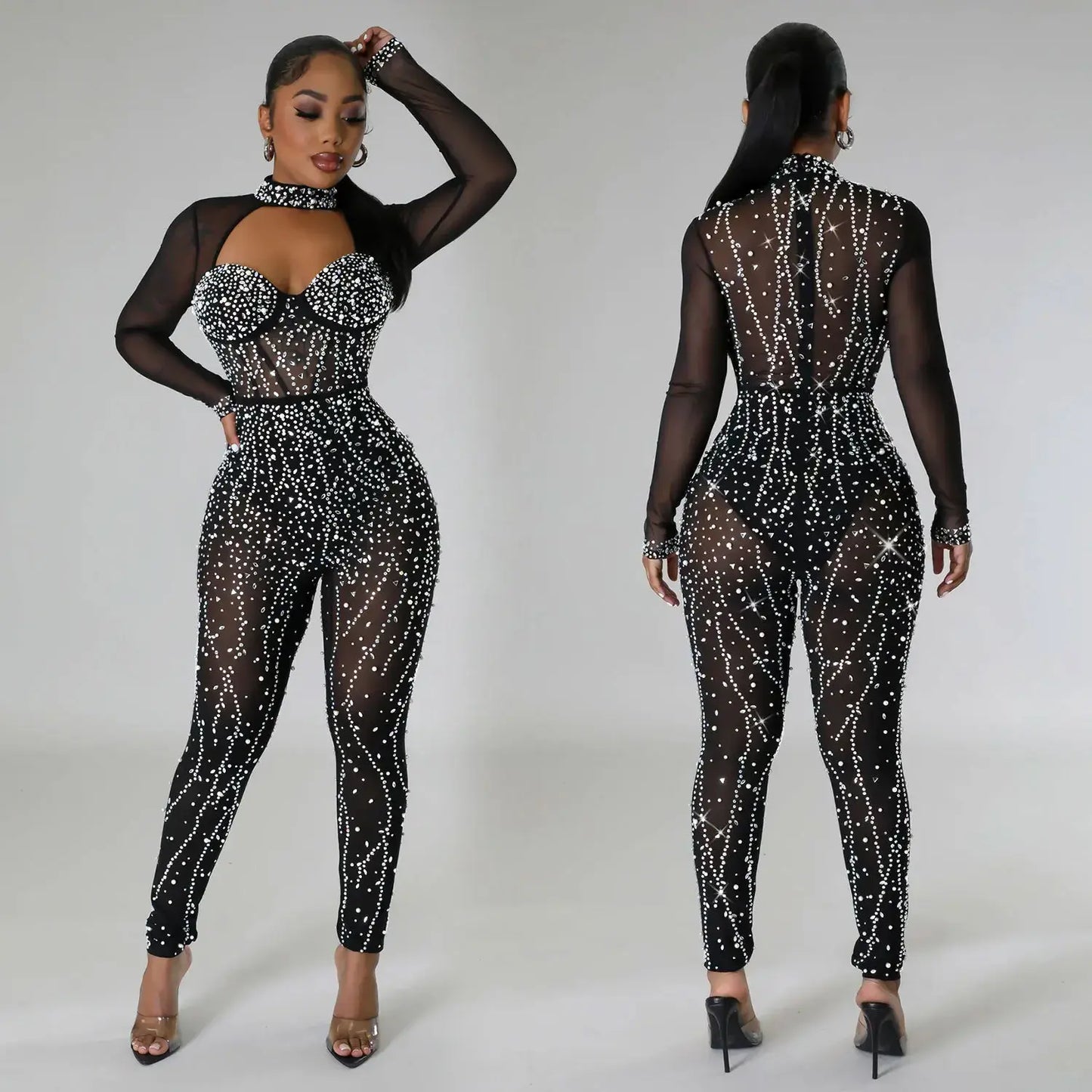 Durchsichtiger Jumpsuit aus transparentem Netzstoff