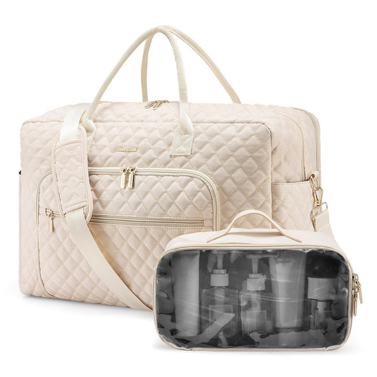 LOVEVOOK Travel Duffle Bag Weekender Bag for Women with Toiletry Bag Carry on Overnight Bag with Laptop Compartment Yoga Gym Bag with Wet Pocket Shoe Bag Hospital Bag for Labor and Delivery Beige