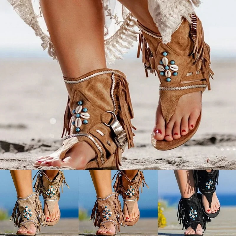 Flache Sandalen im Bohemian-Stil mit Fransen an der Spitze für Damen