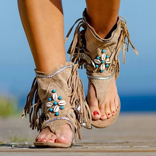 Flache Sandalen im Bohemian-Stil mit Fransen an der Spitze für Damen