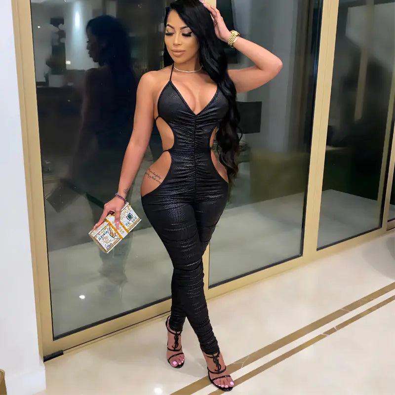 Black Backless Knitted Jumpsuit with Adjustable Straps