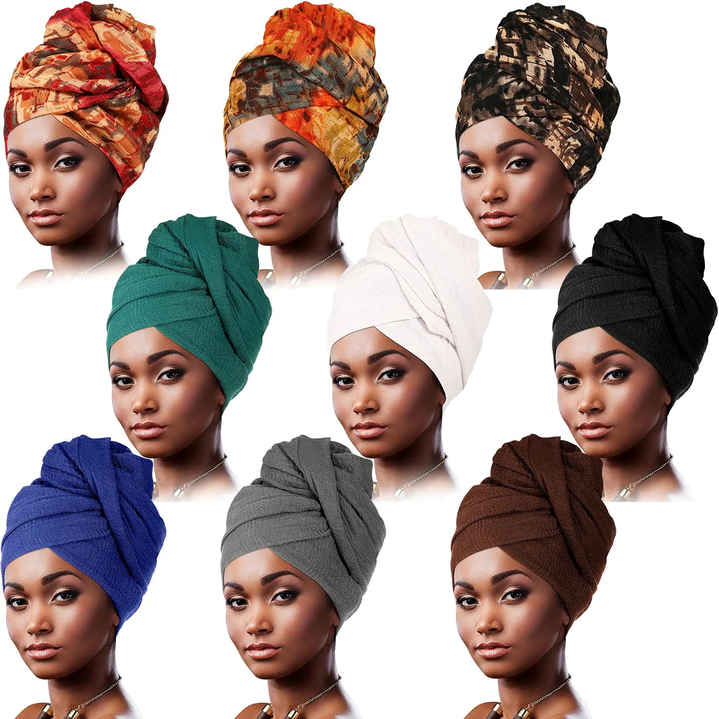 Geyoga 9 Pieces Head Wraps for Black Women Turban Head Wrap Scarf Soft Long Head Scarves Turban Head Wrap for African Women(Elegant PatternClassic Colors)