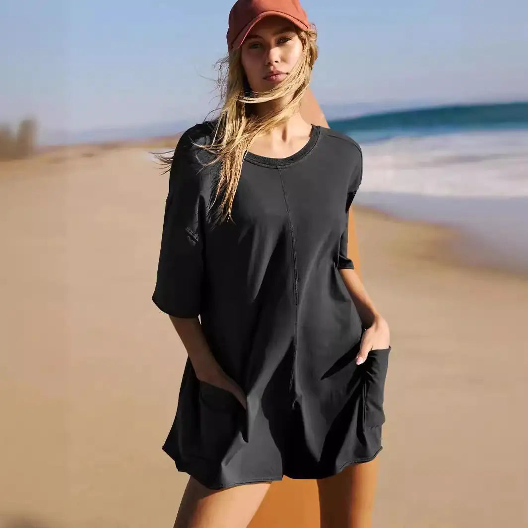 Rompers for Women Casual Short Sleeve Oversized Athletic Workout Reversible Hot Shot Tee Romper Deep Pockets